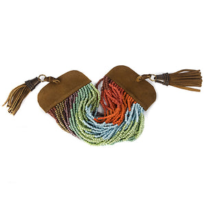 Cuff Bracelet  Multicolor Beaded Strands With Leather Tassles Turquoise, Green. Orange