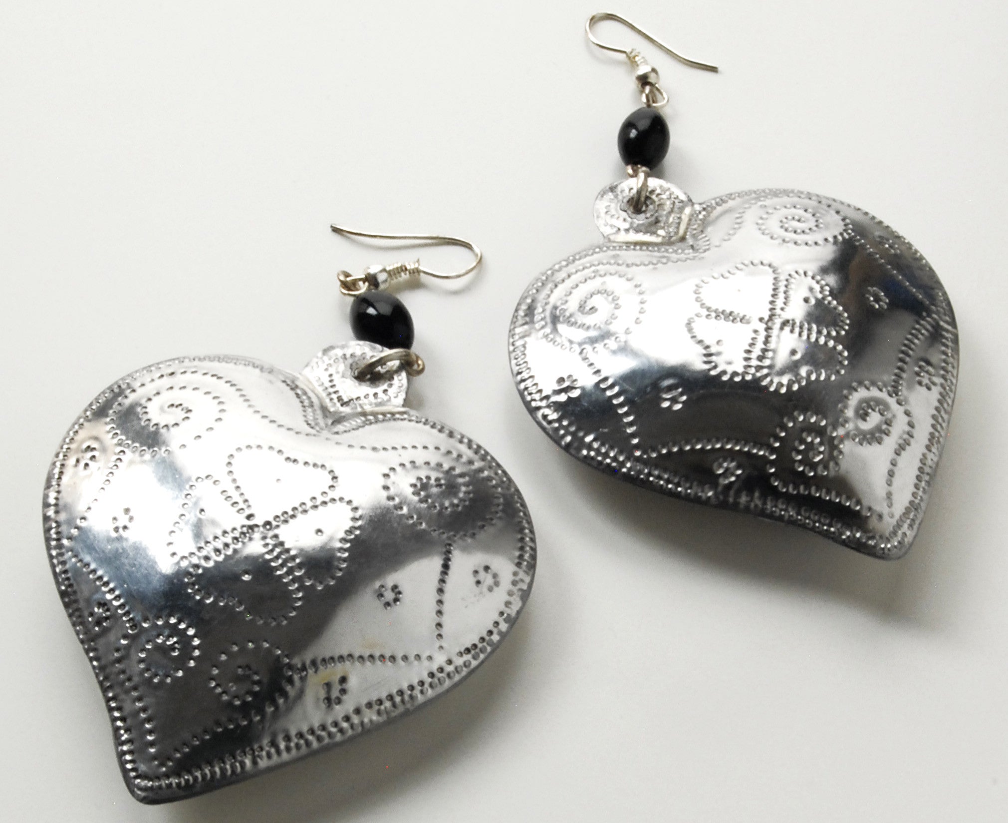 Handmade large hollow tin heart earrings