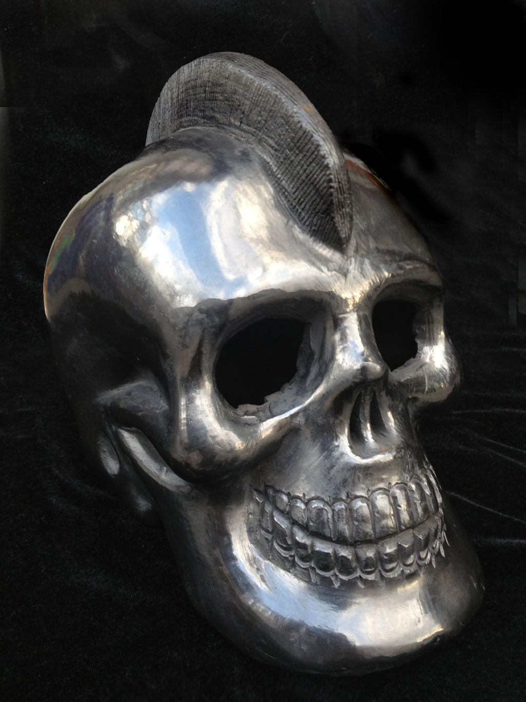 Handmade Black Pottery Skull with mowhawk made in Oaxaca