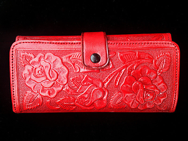 Handmade Mexican Stamped Leather Wallet Clutch Red Huitzili