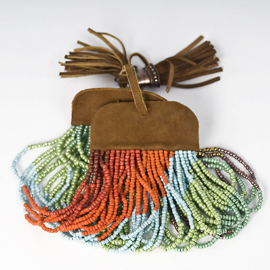 Cuff Bracelet  Multicolor Beaded Strands With Leather Tassles Turquoise, Green. Orange