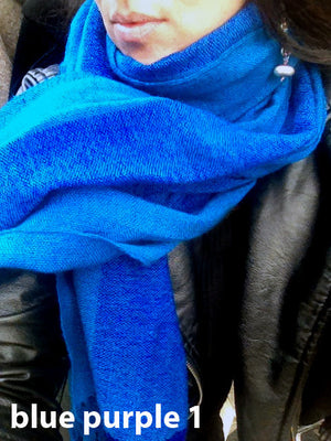 Handwoven wool shawl scarf blue detail
