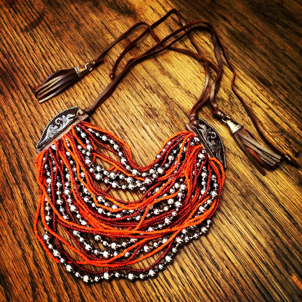 Beaded Leather Necklace, Orange Silver, Marisol Mercado Temple De México 