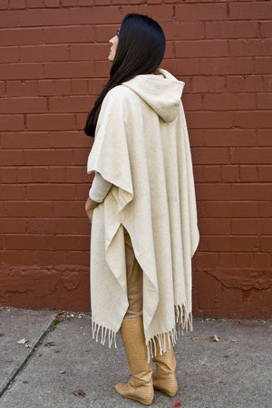 Hooded Wool Poncho, Closed Front, Long with Fringe, Natural