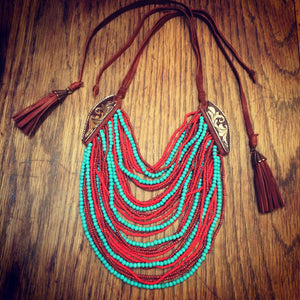 Beaded Leather Necklace, Turquoise Red, Marisol Mercado Temple De México 