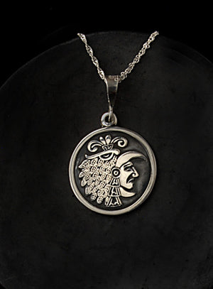 .950 silver coin pendant necklace with authentic Aztec designs front