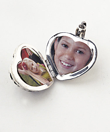 Luxury flower detail heart .925 silver locket open with pictures