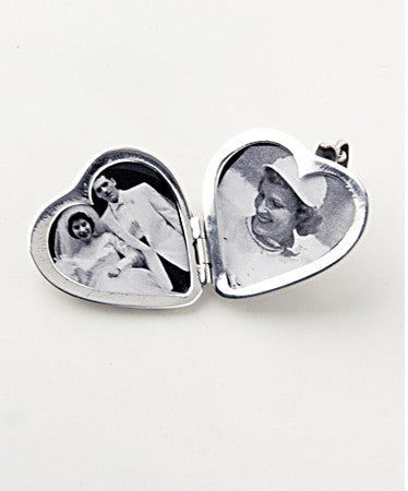 Luxury two sided heart shaped .925 silver locket open with pictures