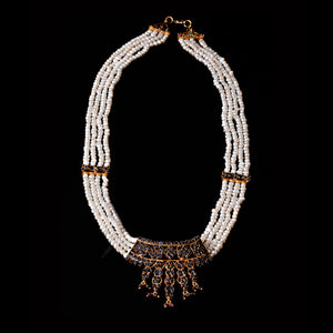 Turkish Antique style four strand necklace seed pearls, ornate gold plated settings of blue-black gemstones and garnets. 
