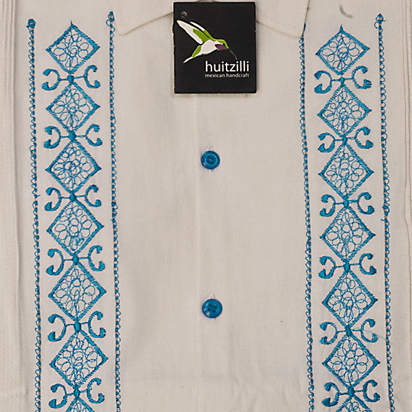 Guayabera Rejilla 100% Cottin White with Blue Embroidery and Buttons
