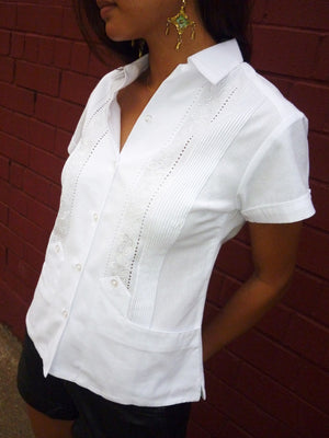 Luxury Authentic womens White Guayabera short sleeve front