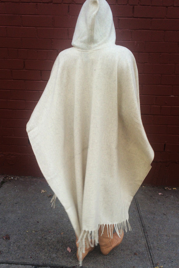 Hooded Wool Poncho, Closed Front, Long with Fringe, Natural