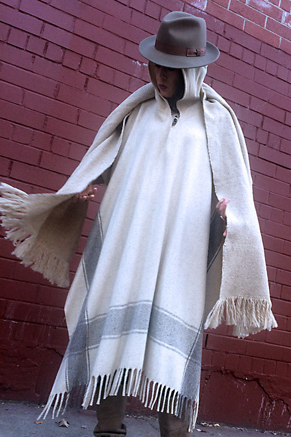 Hooded Wool Poncho, Closed Front, Long with Fringe, Natural with Stripe